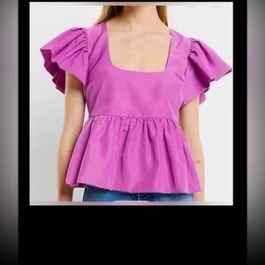 Express Pullover Blouse Low Cut Peplum Ruffled Flutter Sleeves in purple Size S